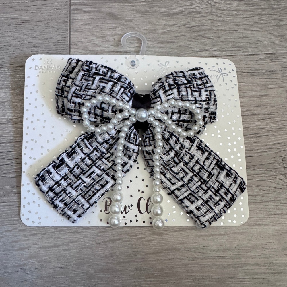 Bow Fancy Danbar Black White Tweed Hair Clip with Faux Pearl Bow Accent NIP
